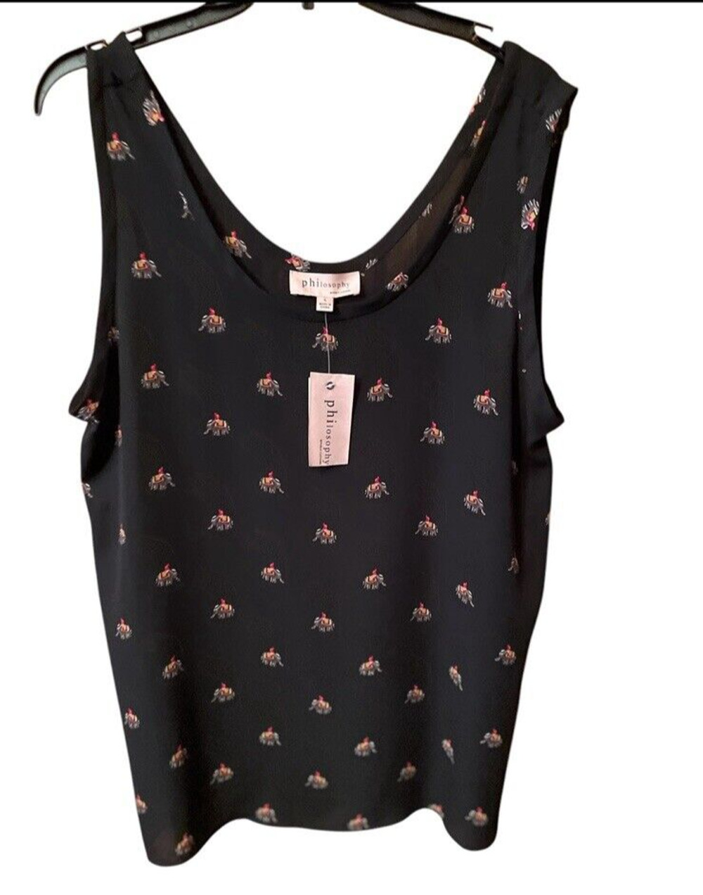 Woman’s Tank Top  Size Large Philosophy V-Neck Elephant Print Black Red Gold NWT